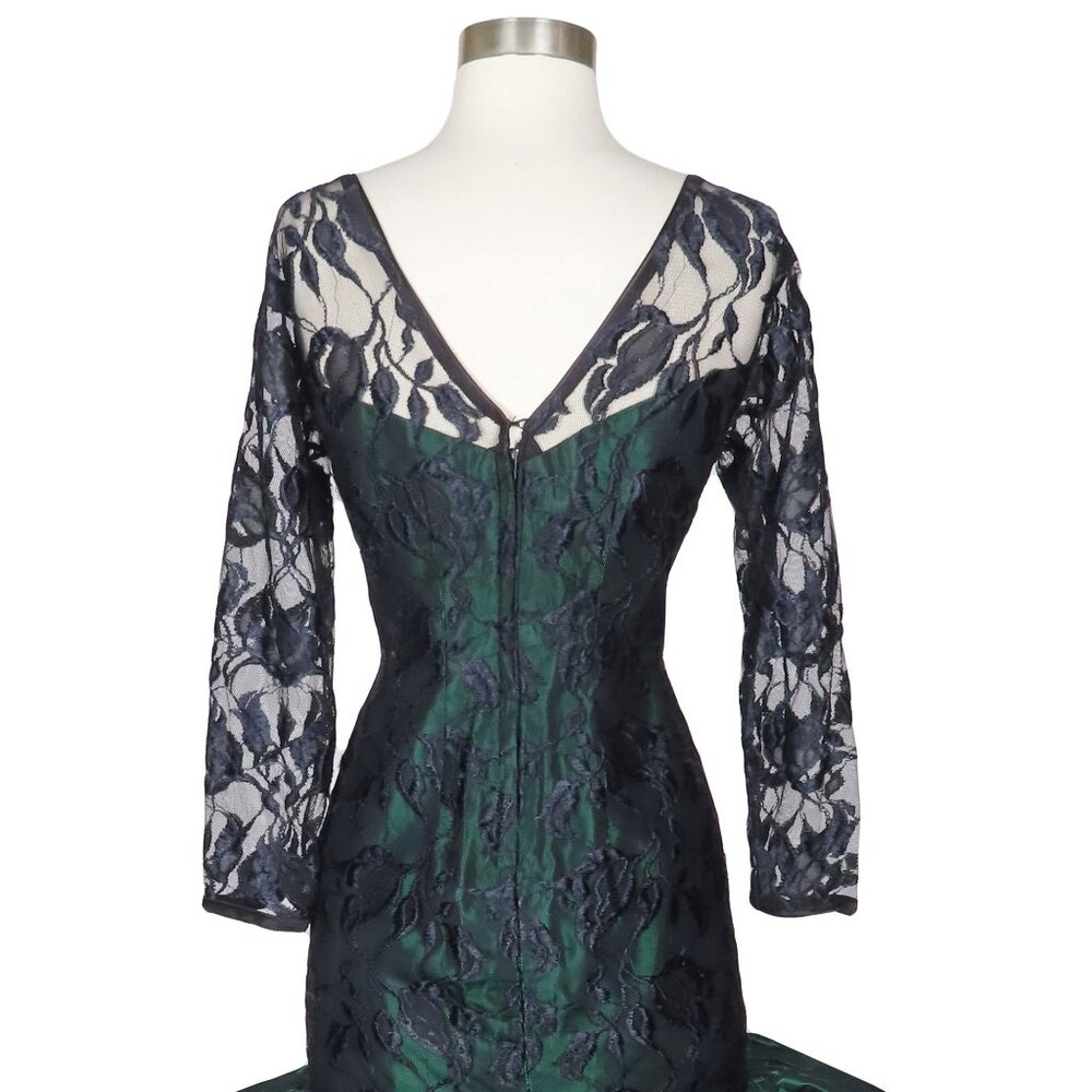 Vintage 80s Black Lace Green Long Sleeve Mermaid Full Skirt Prom Party Dress M - Picture 6 of 10